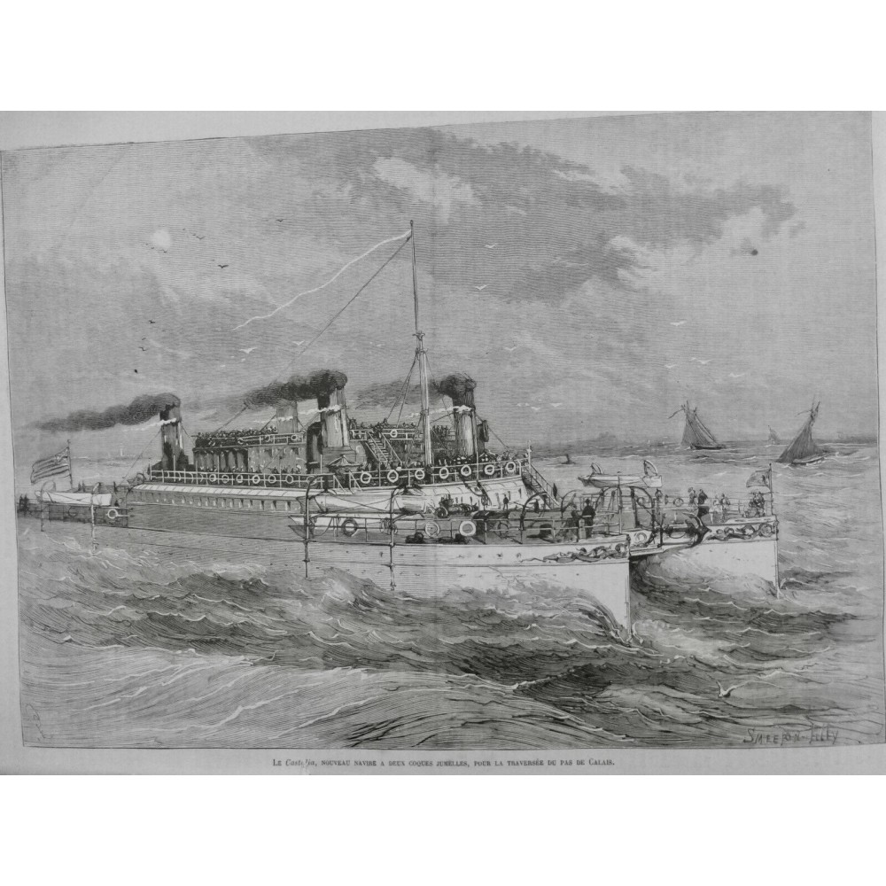 1875 I NAVIRE DEUX COQUES JUMELLES CASTALIA TRAVERSEE PAS CALAIS ROUE PROPULSIVE