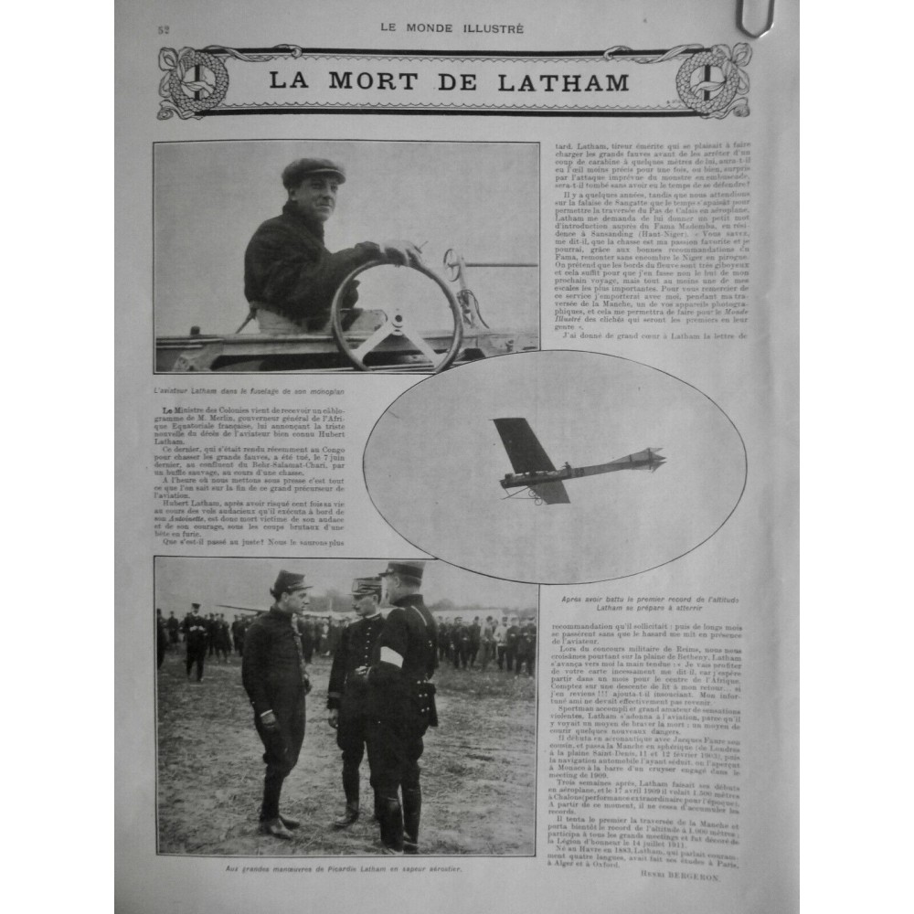 1905 MI AVIATION LATHAM MONOPLAN FUSELAGE ACCIDENT CHASSE BUFFLE CONGO