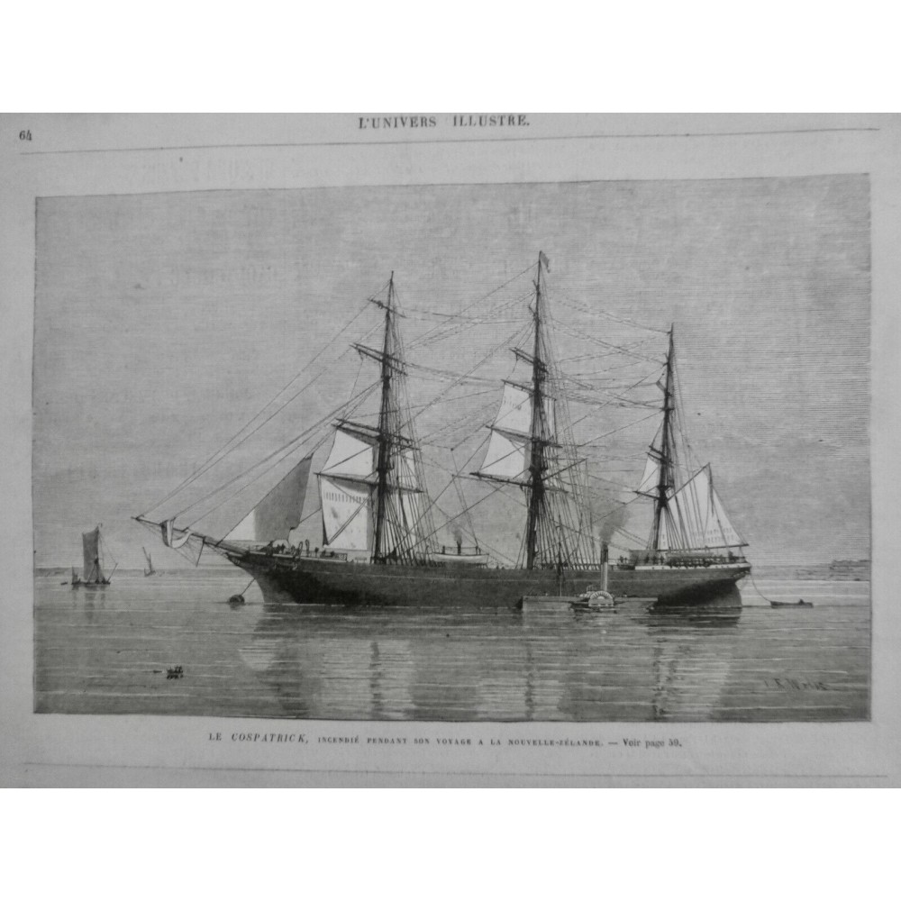 1875 UI CATASTROPHE INCENDIE NAVIRE COSPATRICK TRAVERSEE VOYAGE NOUVELLE ZELANDE