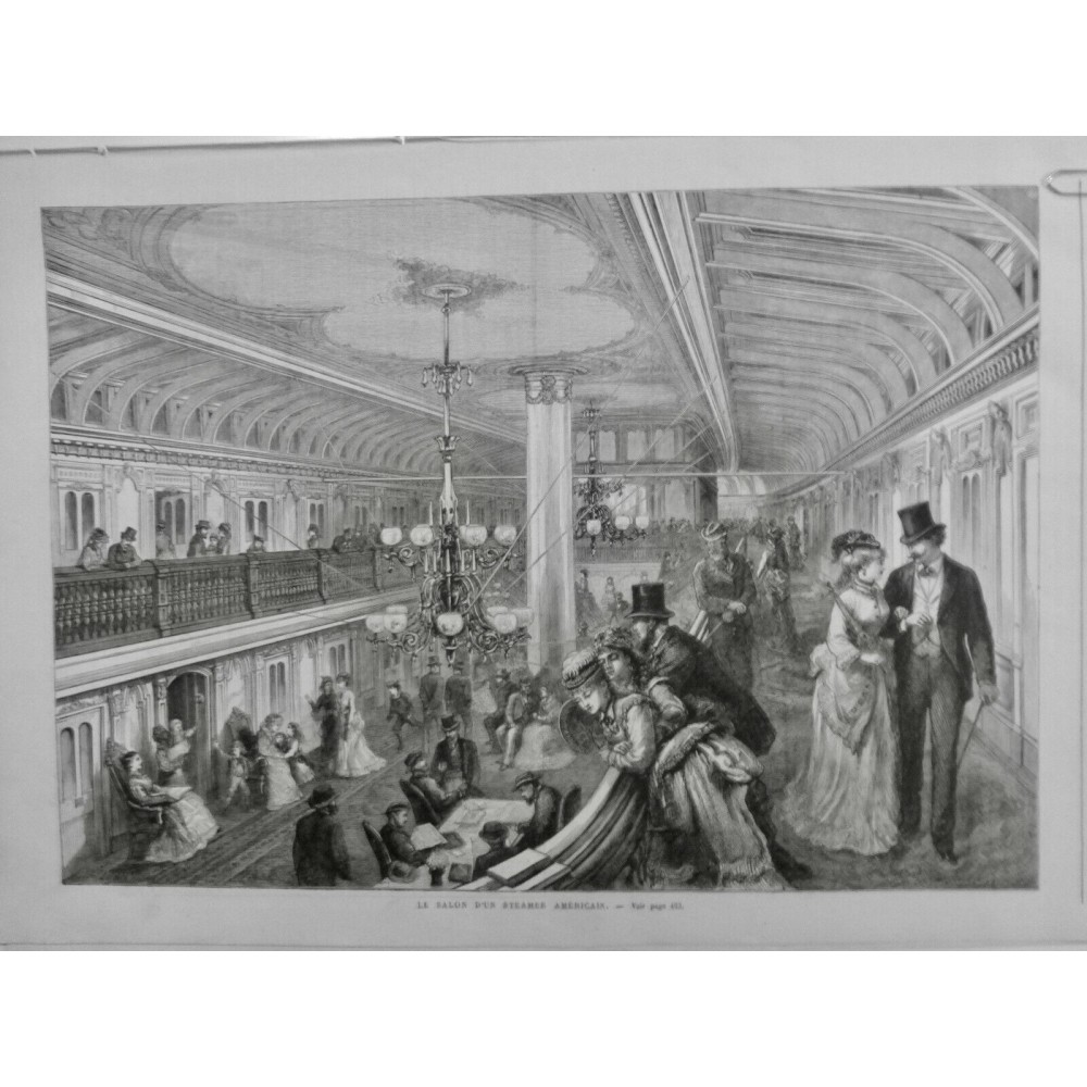 1875 UI STEAMER AMERICAIN BATEAU SALON INTERIEUR BALCON LECTURE PROMENADE