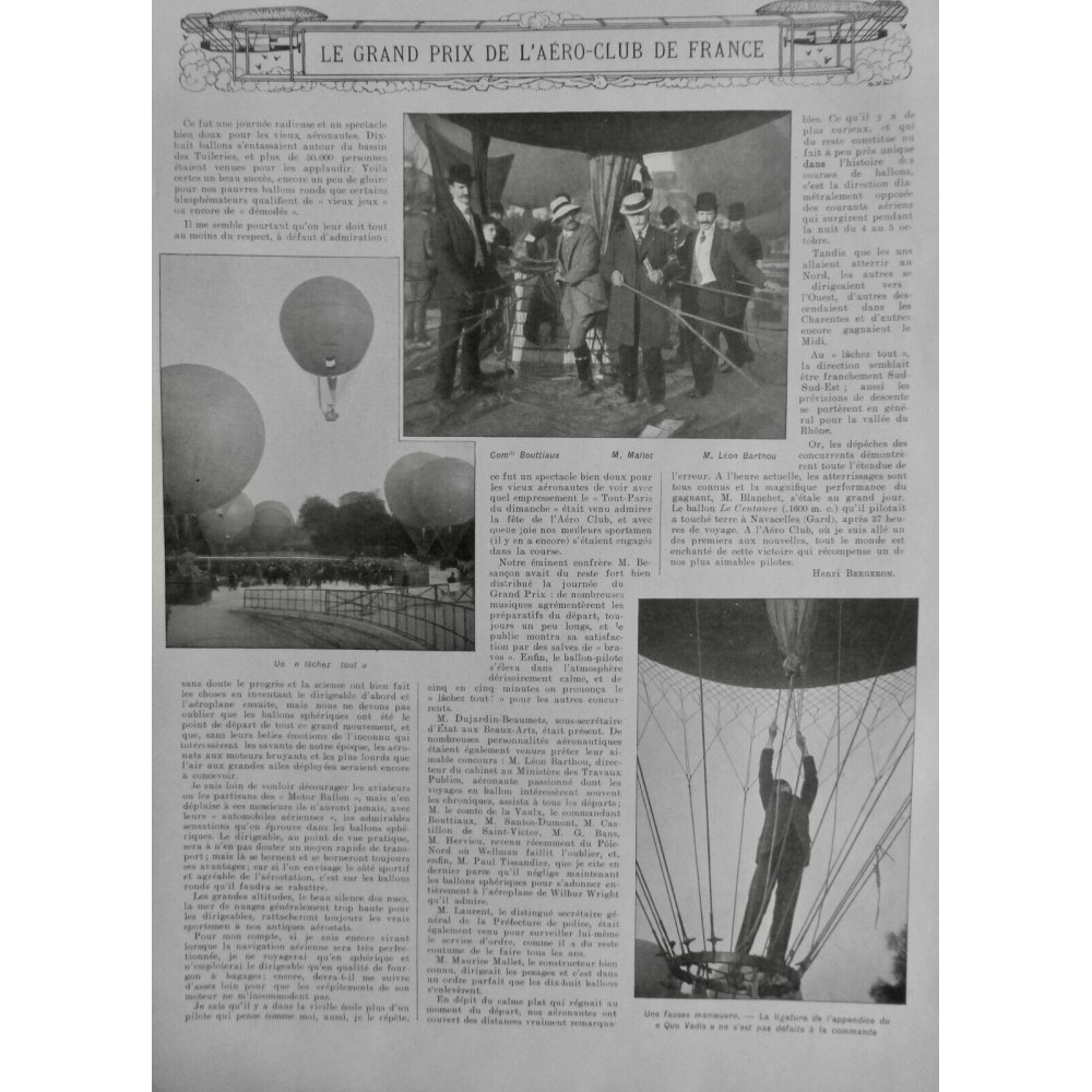 1908 MI GRAND PRIX AEROCLUB FRANCE BALLON TUILERIES MALLET BOUTTIAUX BARTHOU