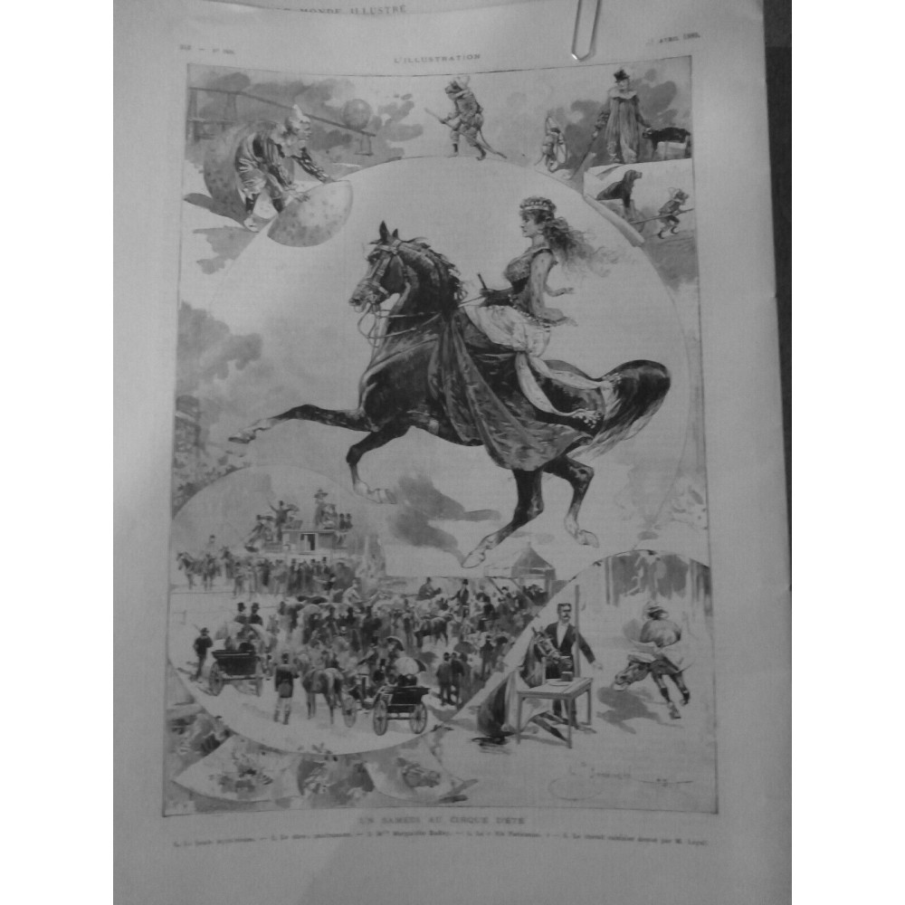 1889 I CIRQUE ETE SPECTACLE CHEVAL AMAZONE CLOWN QUADRUMANE DRESSAGE CHIEN