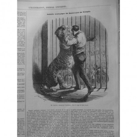 1851 I CIRQUE ETE GALERIE ZOOLOGIQUE CHARLES DOMPTEUR ANIMAUX CAGE TIGRE ROYAL