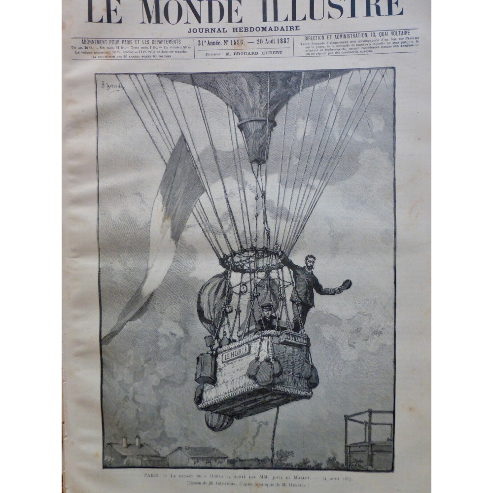 1887 MI BALLON DIRIGEABLE NACELLE DEPART HORLA JOVIS MALLET DESSIN GERARDIN