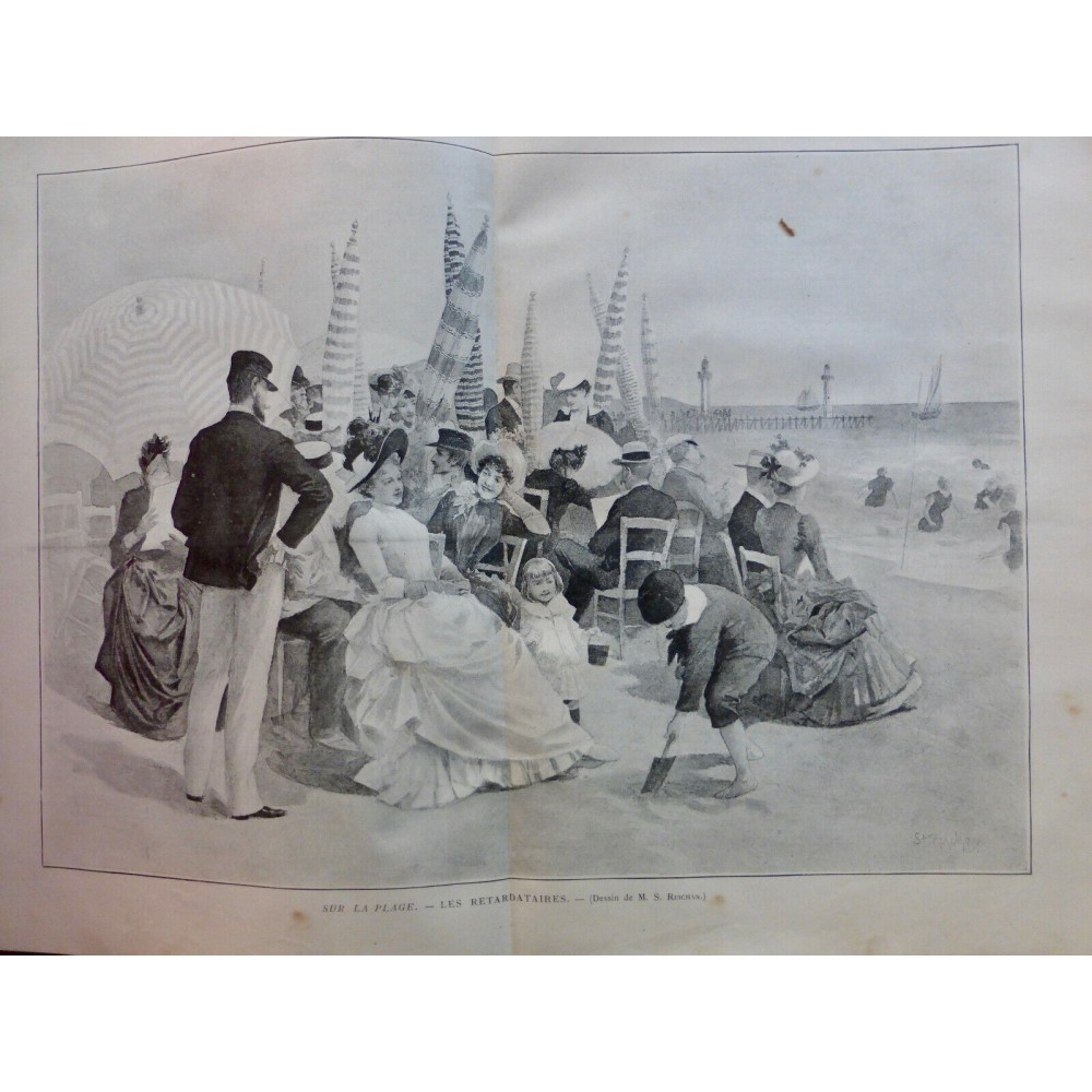 1887 MI PLAGE MER PARASOL TENUE BAIN ENFANT PELE SCEAU DESSIN REICHAN