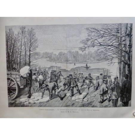 1887 MI BOIS VINCENNES RECOLTE GLACE LAC BARQUE HIVER FROID DESSIN BERTRAND