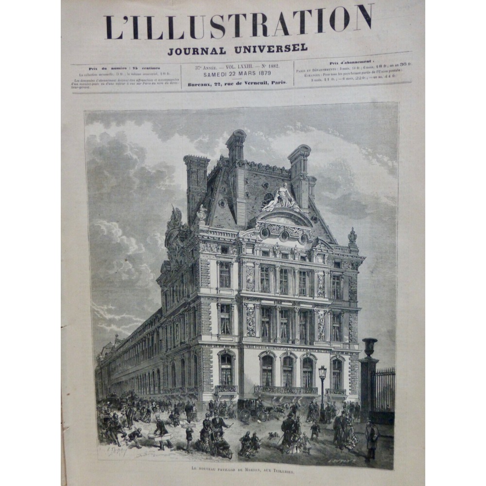 1879 I TUILERIES PAVILLON MARSAN FACADE TOITURE ORNEMENT CALECHE GRILLE FOULE