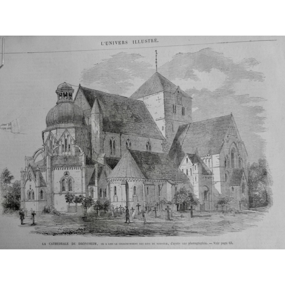 1868 UI CATHEDRALE DRONTHEIM COURONNEMENT ROI NORVEGE CIMETIERE CROIX BOIS