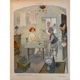 1912 LR CHAT TOILETTE TABLE JEUNE FILLE NU JOUR LESSIVE REPAS MARI LETTRE