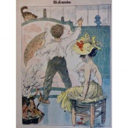 1905 LS CHAT OBSERVATEUR PEINTRE TOILE MODELE PINCEAU DESSIN MIRANDE