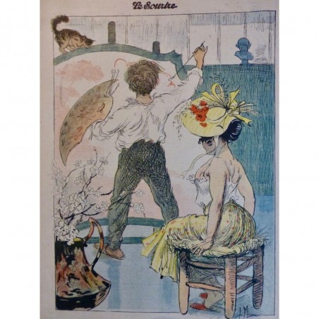 1905 LS CHAT OBSERVATEUR PEINTRE TOILE MODELE PINCEAU DESSIN MIRANDE