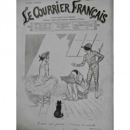 1893 CF CHAT OBSERVATEUR SCENE PIERROT ARLEQUIN DESSIN JEUNE FILLE MODELE