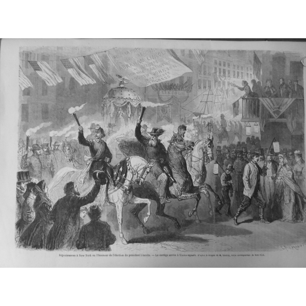 1881 USA NEW-YORK ELECTION LINCOLN CORTEGE UNION SQUARE CROQUIS LUMLEY