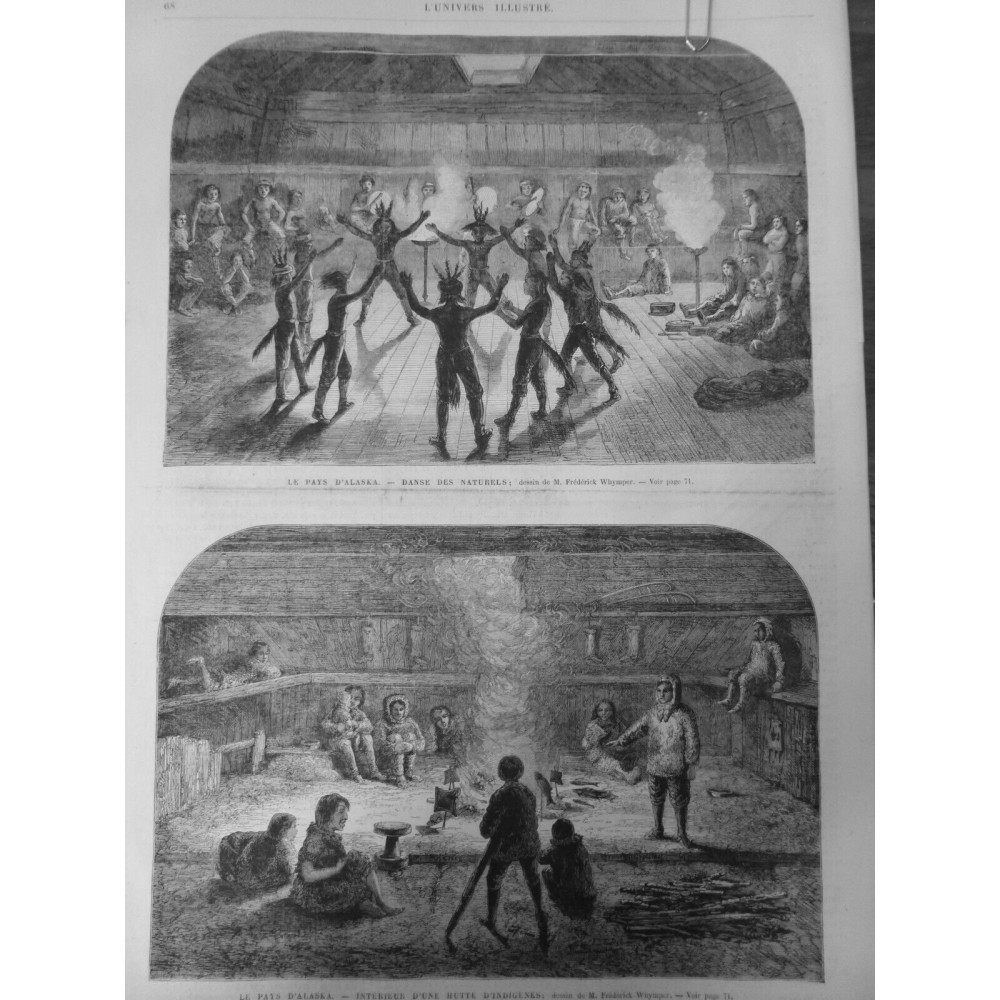 1869 ALASKA INDIGENE HUTTE INTERIEUR DANSE NATUREL DESSIN WHYMPER