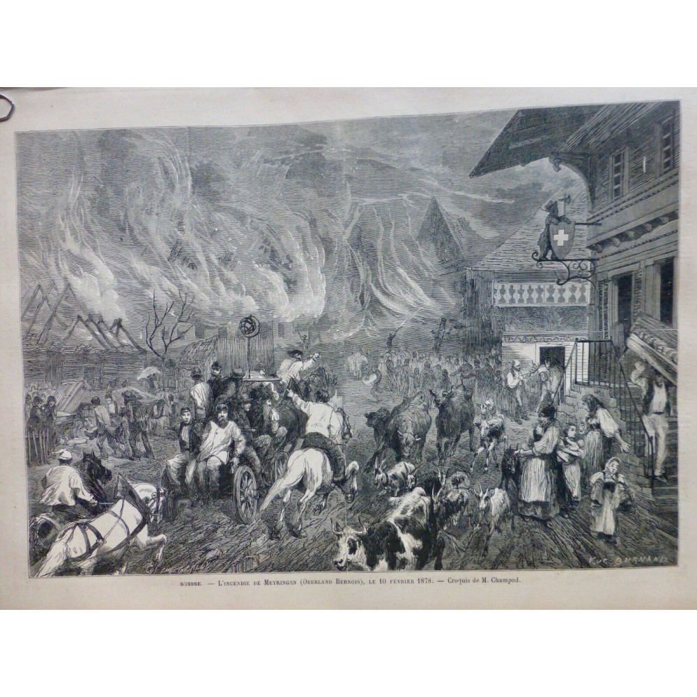 1879 I SUISSE INCENDIE MEYRINGEN OBERLAND BERNOIS FEU BOULANGER SECOURS POMPE EA