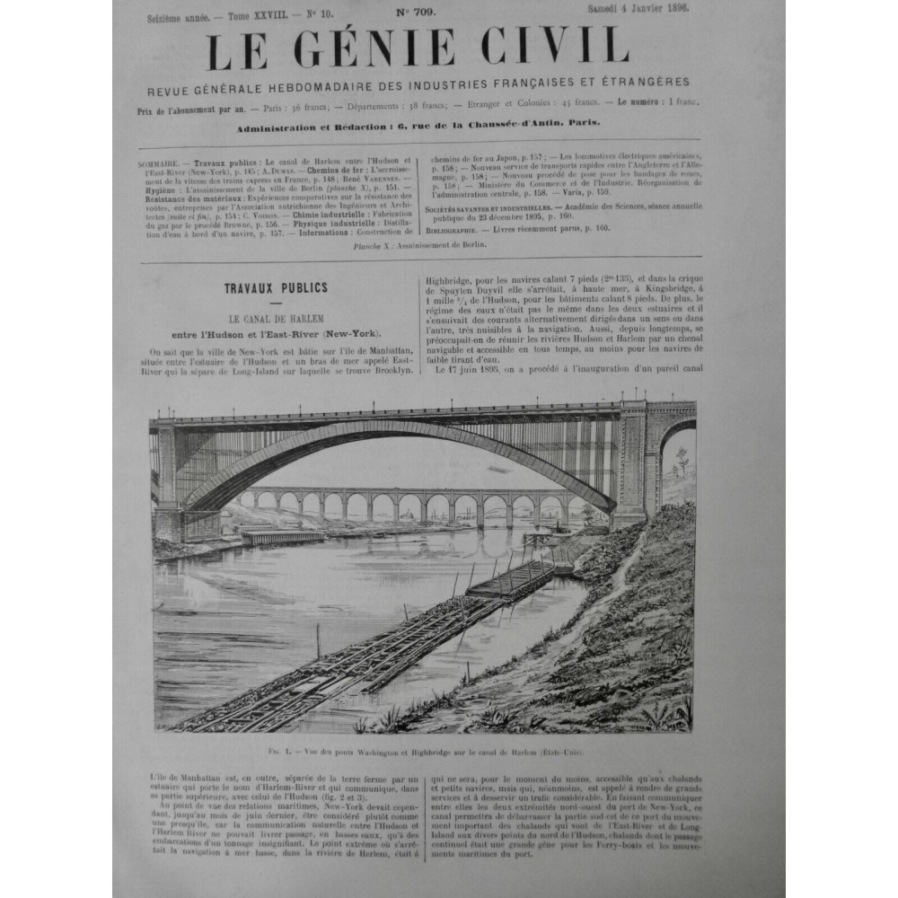 1896 USA CANAL HARLEM HUDSON EAST-RIVER TRAVAUX PONT WASHINGTON