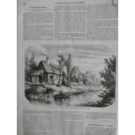 1852 I VENDEE MARAIS MAILLÉ VEGETATION EAU BARQUE HUTTE CHEMINEE FUMEE