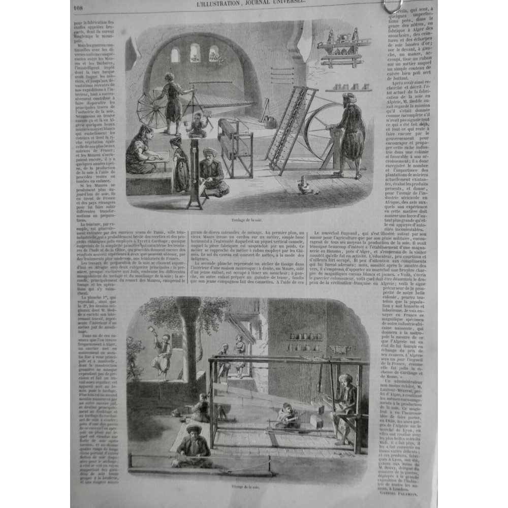 1852 I INDUSTRIE SOIE MAURES ALGERIE TURQUIE TUNIS TORDAGE TISSAGE MOULIN ROUE