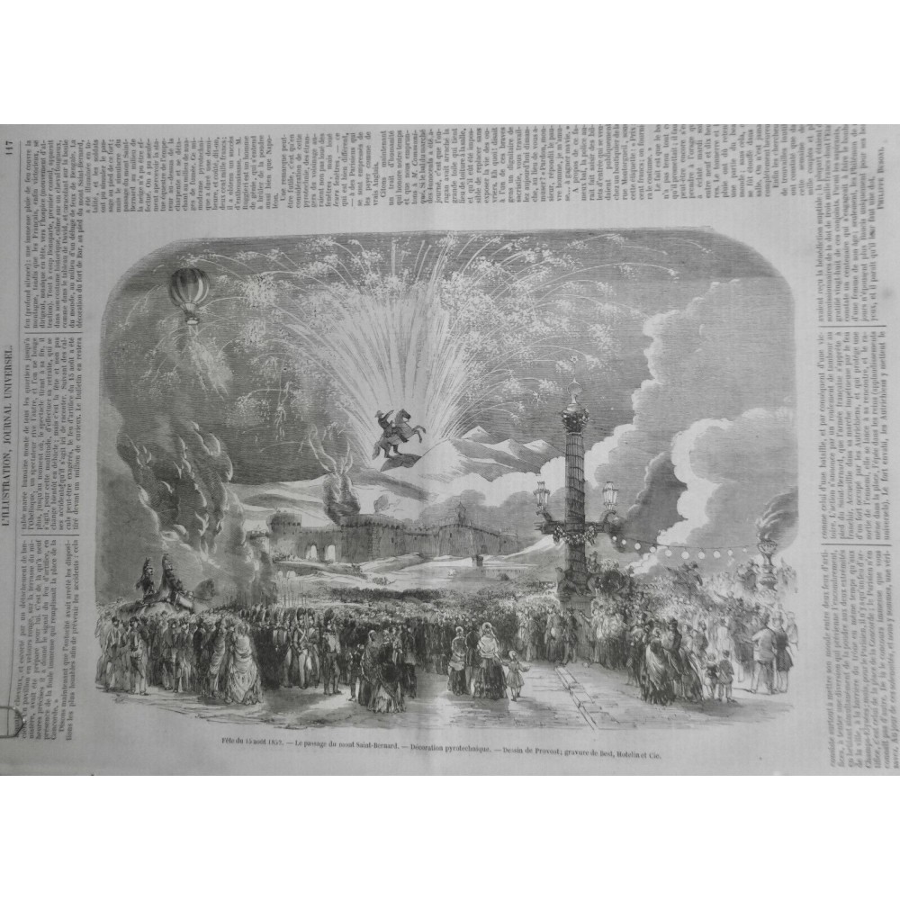 1852 I FETE 15 AOUT PASSAGE MONT ST BERNARD FEU ARTIFICE PYROTECHNIQUE OBELISQUE