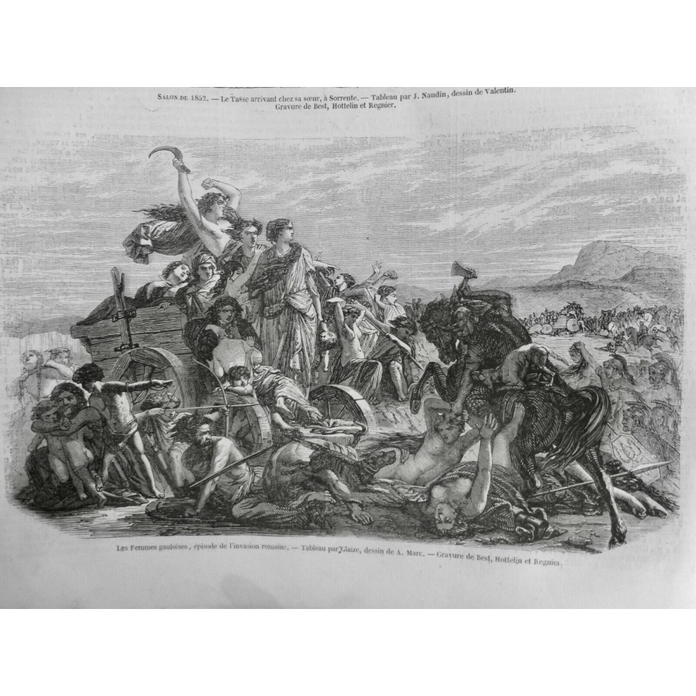 1852 I EXPOSITION TABLEAU GLAIZE FEMMES GAULOISES INVASION ROMAINE COMBAT