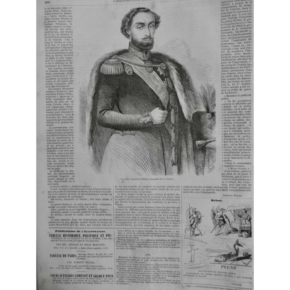 1854 I PRINCE STIRBEY BARBO DEMETRIUS HOSPODAR REIGNE VALACHIE PORTRAIT VIE