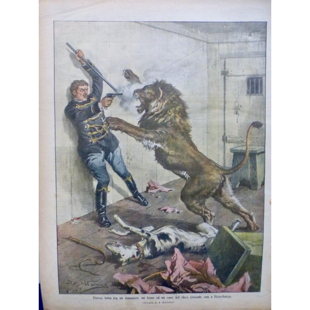 1909 DC CIRQUE CINISELLI LION DOMPTEUR ATTAQUE CHIEN PISTOLET PETERSBOURG