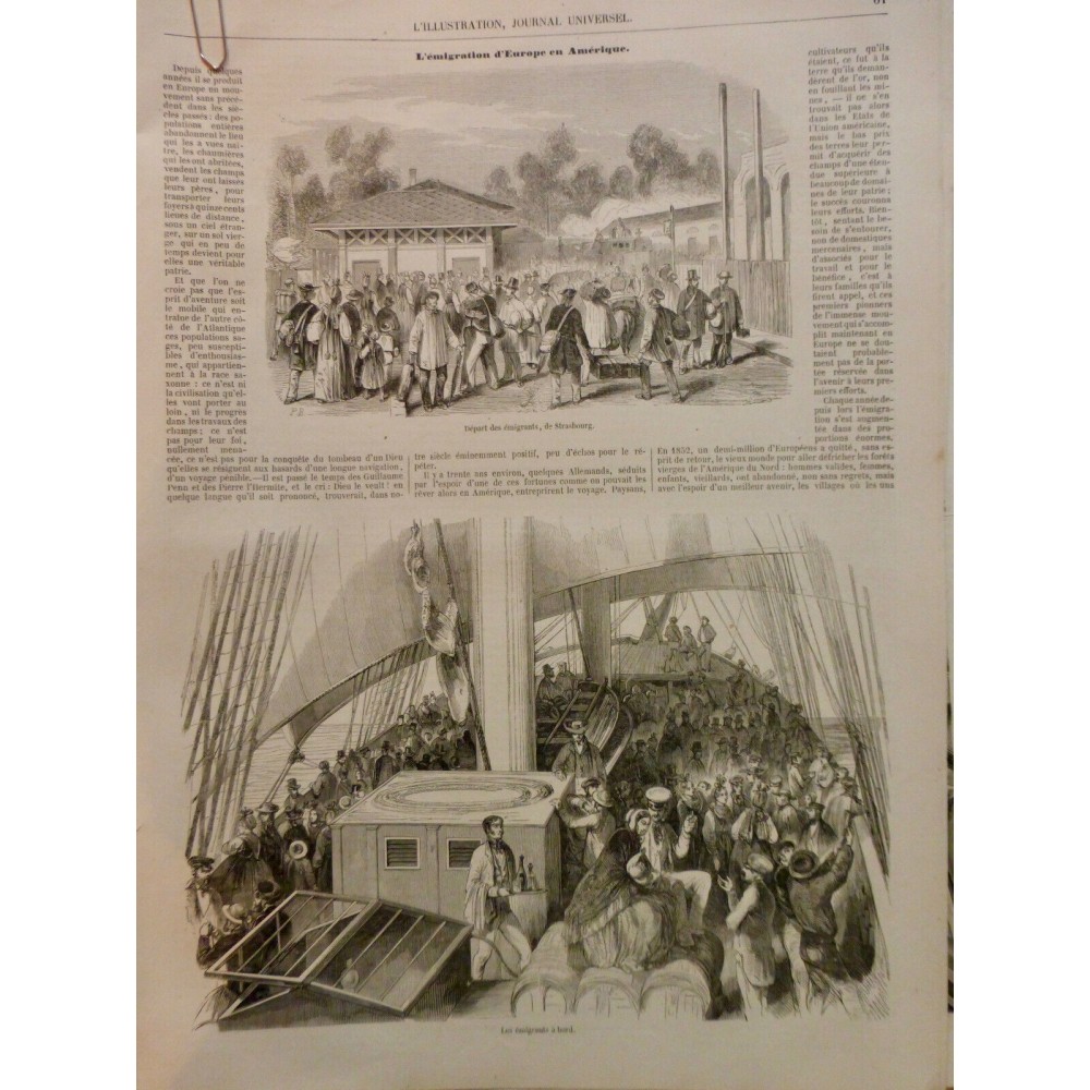 1854 I EMIGRATION EUROPE DEPART AMERIQUE TRAVERSEE BATEAU POPULATION TERRE