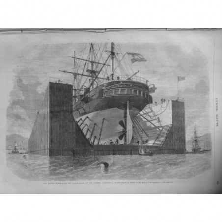 1866 UI DOCKS FLOTTANTS CARTHAGENE FERROL ESPAGNE DESSIN MM. RENNIE INGENIEURS