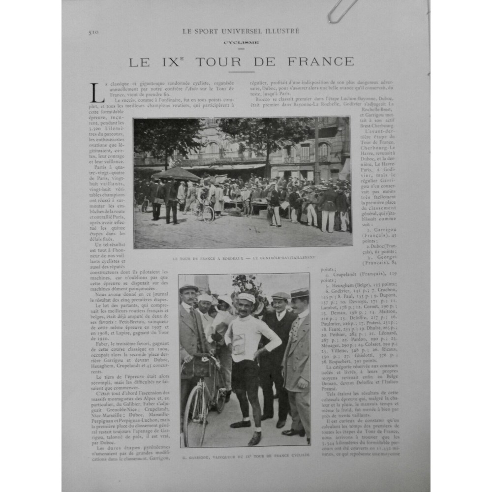 1911 VELO TOUR DE FRANCE IX TOUR VAINQUEUR GARRIGOU CONTRÔLE RAVITAILLEMENT