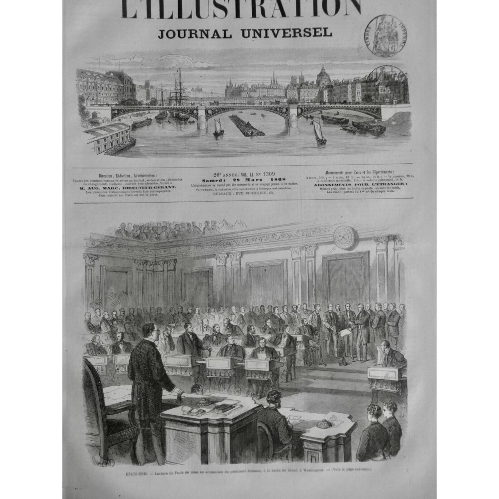 1868 I JUSTICE ETATS UNIS LECTURE ACTE ACCUSATION PRESIDENT JOHNSON WASHINGTON