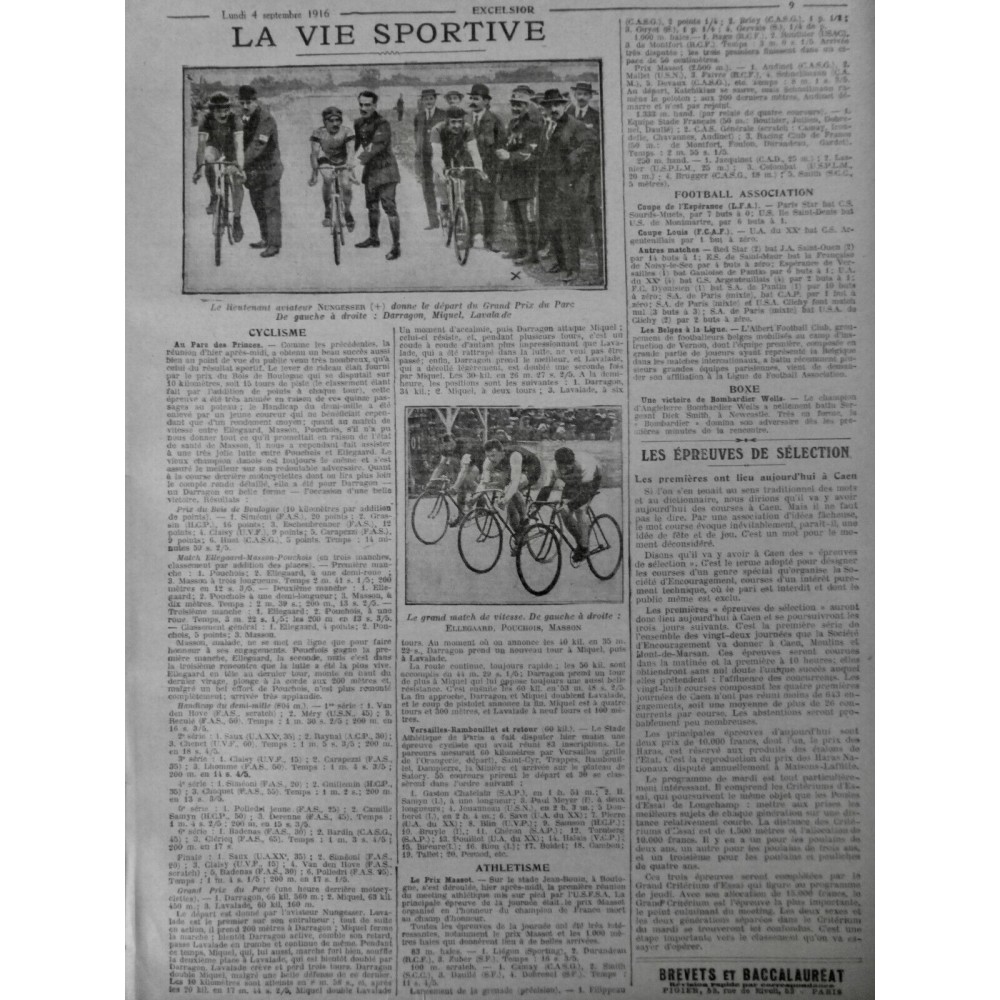 1916 VELO VILLE DE PARIS DEPART GRAND PRIX PARC PRINCES DARRAGON MIQUET LAVALADE