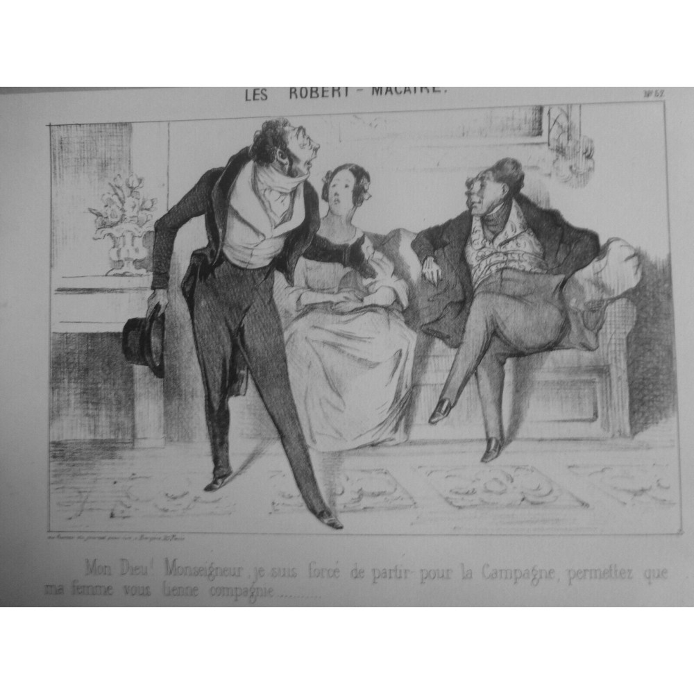 1854 DAUMIER GRAVURE ROBERT MACAIRE ABSENCE COMPAGNIE EPOUSE