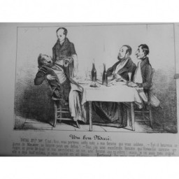 1854 DAUMIER GRAVURE ROBERT MACAIRE RESTAURANT REPAS NOTE EPOUSE DETTE