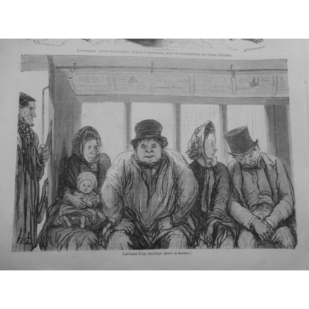 1864 MI DAUMIER DESSIN TRANSPORT OMNIBUS PASSAGER