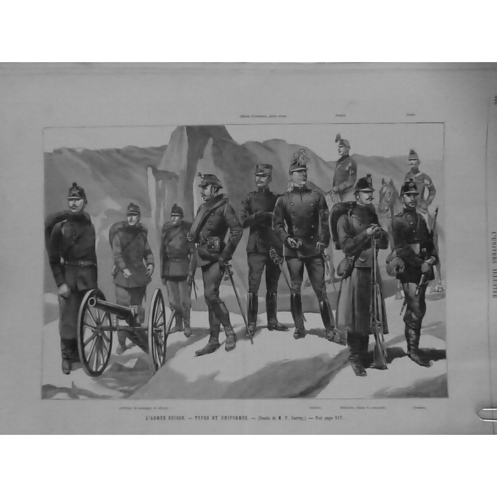 1892 UI ARMEE SUISSE UNIFORMES TYPES OFFICIER INFANTERIE DRAGON DESSIN CARREY