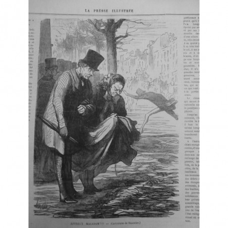 1872 PI DAUMIER DESSIN CARICATURE MACADAM PLUIE FLAQUE D EAU