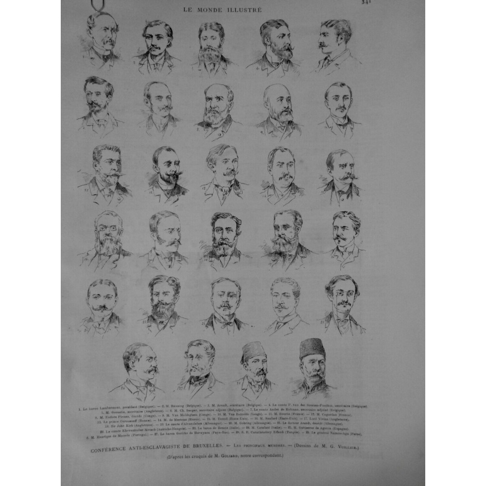 1890 MI ANTI ESCLAVAGISTE BRUXELLES CONFERENCE MEMBRES DESSIN VUILLIER