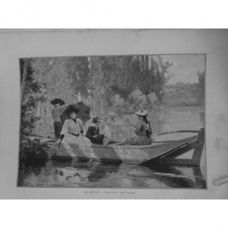 1892 MI PEINTRE PEINTURE BRAMTOT TABLEAU EN BATEAU RIVIERE PÊCHE DESSIN BAUDE