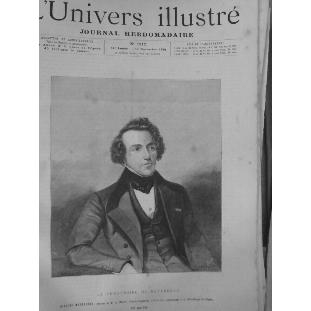 1891 UI GIACOMO MEYERBEER CENTENAIRE PORTRAIT BIOGRAPHIE GRAVURE NAPIER