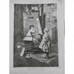 1879 I FEMME PEINTRE ENFANT CHEVALET TOILE MODELE