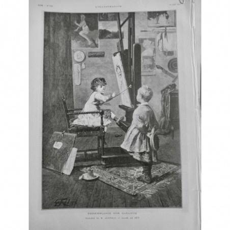 1879 I FEMME PEINTRE ENFANT CHEVALET TOILE MODELE