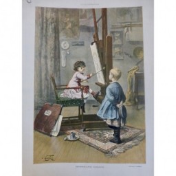 1889 M FEMME PEINTRE PETITE FILLE CHEVALET PEINTURE GARCON