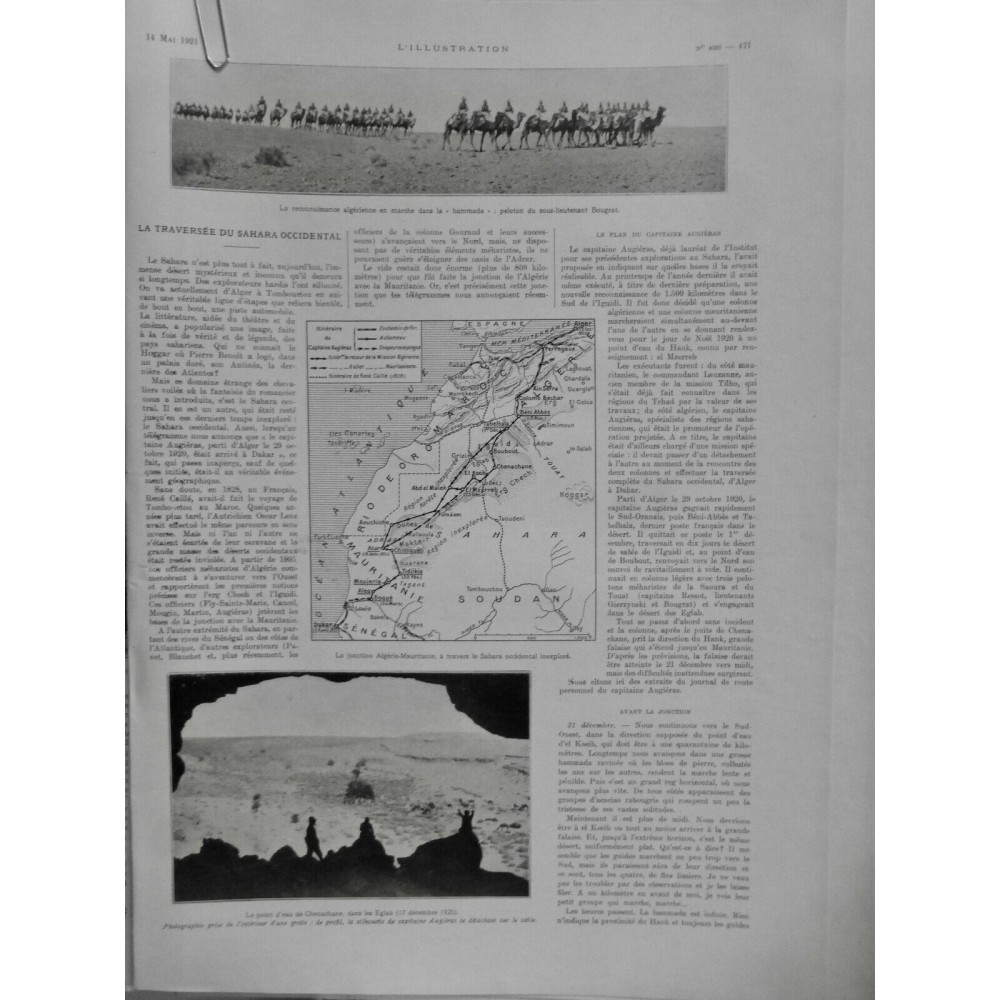 1921 I SAHARA OCCIDENTAL TRAVERSEE DESERT EXPLORATEUR HAMMADA BOUGRAT CHENECHANE