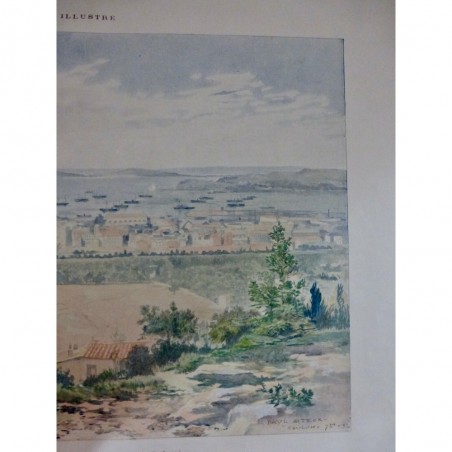 1893 MI TOULON PANORAMA VILLE PORT RADE AQUARELLE STECK