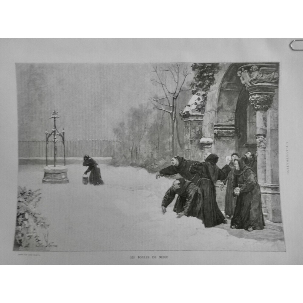 1887 I MONASTERE MOINE SOUTANE HIVER NEIGE BOULE