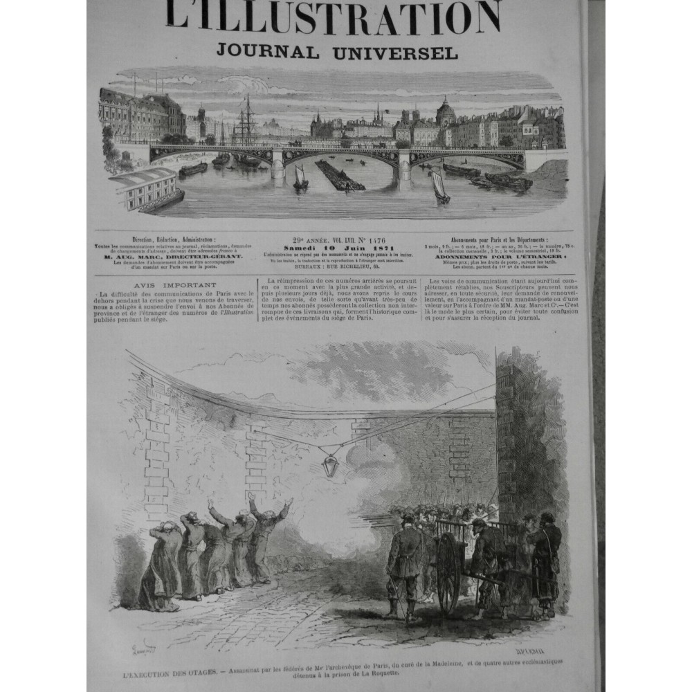 1871 I ASSASSINAT EXECUTION OTAGE FEDERÉS ARCHEVEQUE CURÉ PRISON ROQUETTE