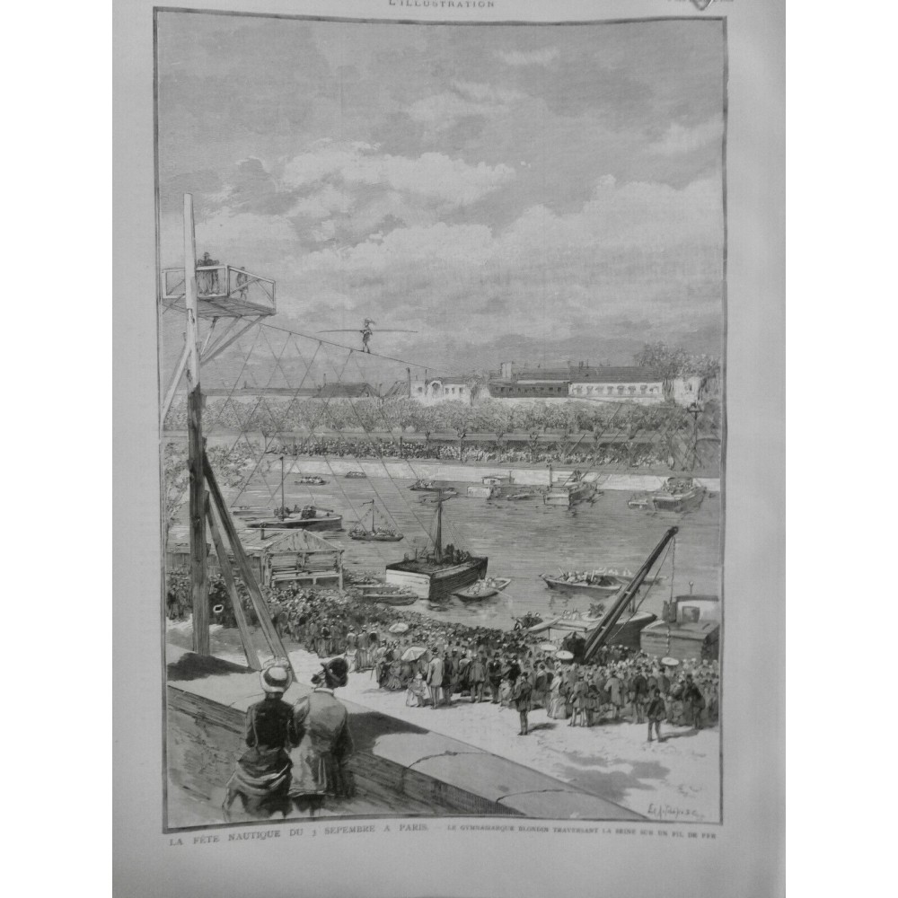 1882 I PARIS FETE NAUTIQUE GYMNASIARQUE BLONDIN FIL FER TRAVERSEE SEINE