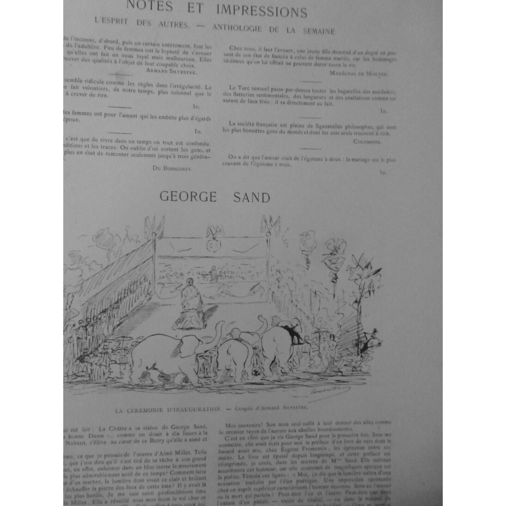 1884 VM GEORGE SAND CEREMONIE INAUGURATION SPECTACLE ELEPHANT DESSIN SYLVESTRE