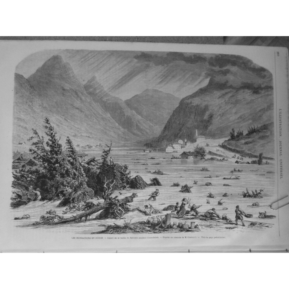 1868 I SUISSE INONDATION VALLEE SPTUZEN MONTAGNE CRUE CROQUIS CHAMPORI