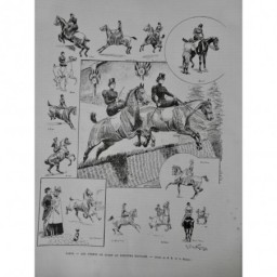 1894 UI FEMME AMAZONE SPORT CONCOURS HIPPIQUE PARIS SAUT OBSTACLE DESSIN NEZIERE